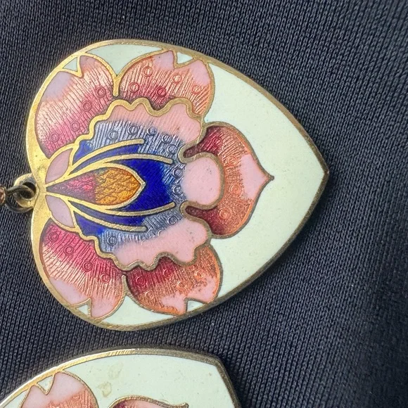 Cloisonné Floral Heart Earrings with Pink and Blue Accents - Picture 2 of 4